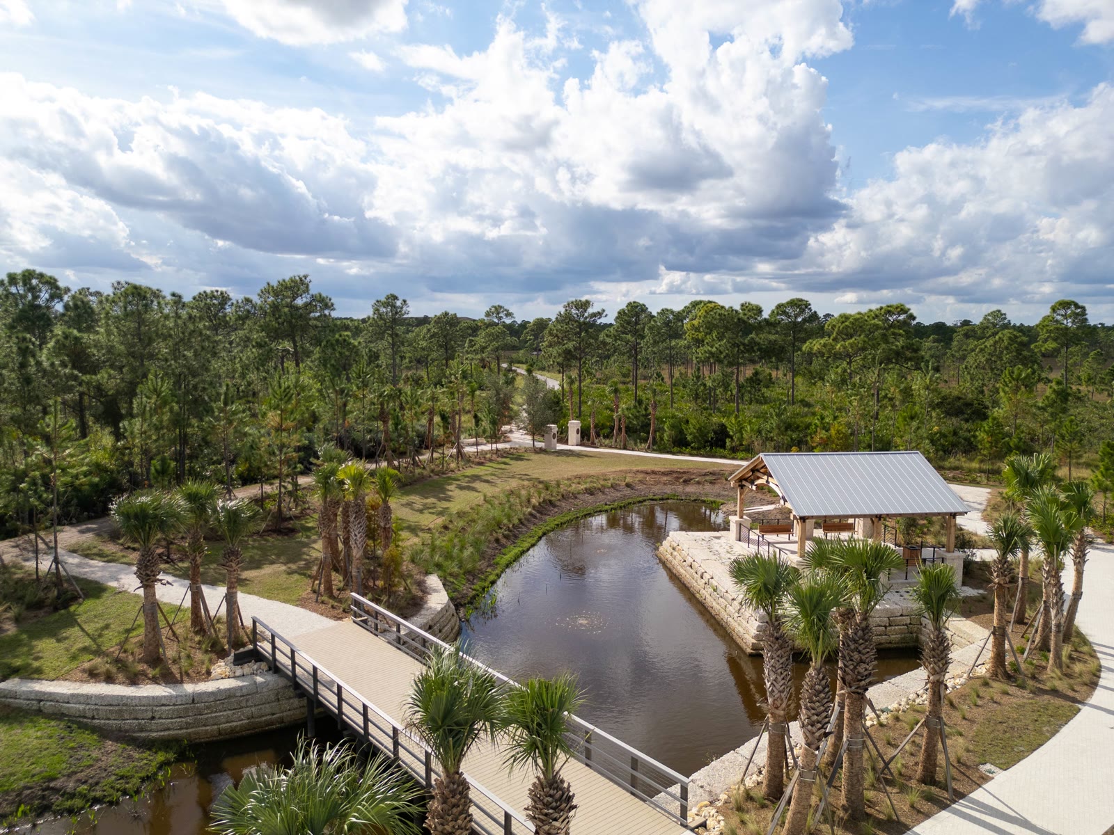 KC Trails South Trailhead aerial — overlook pavilion, pond and boardwalk