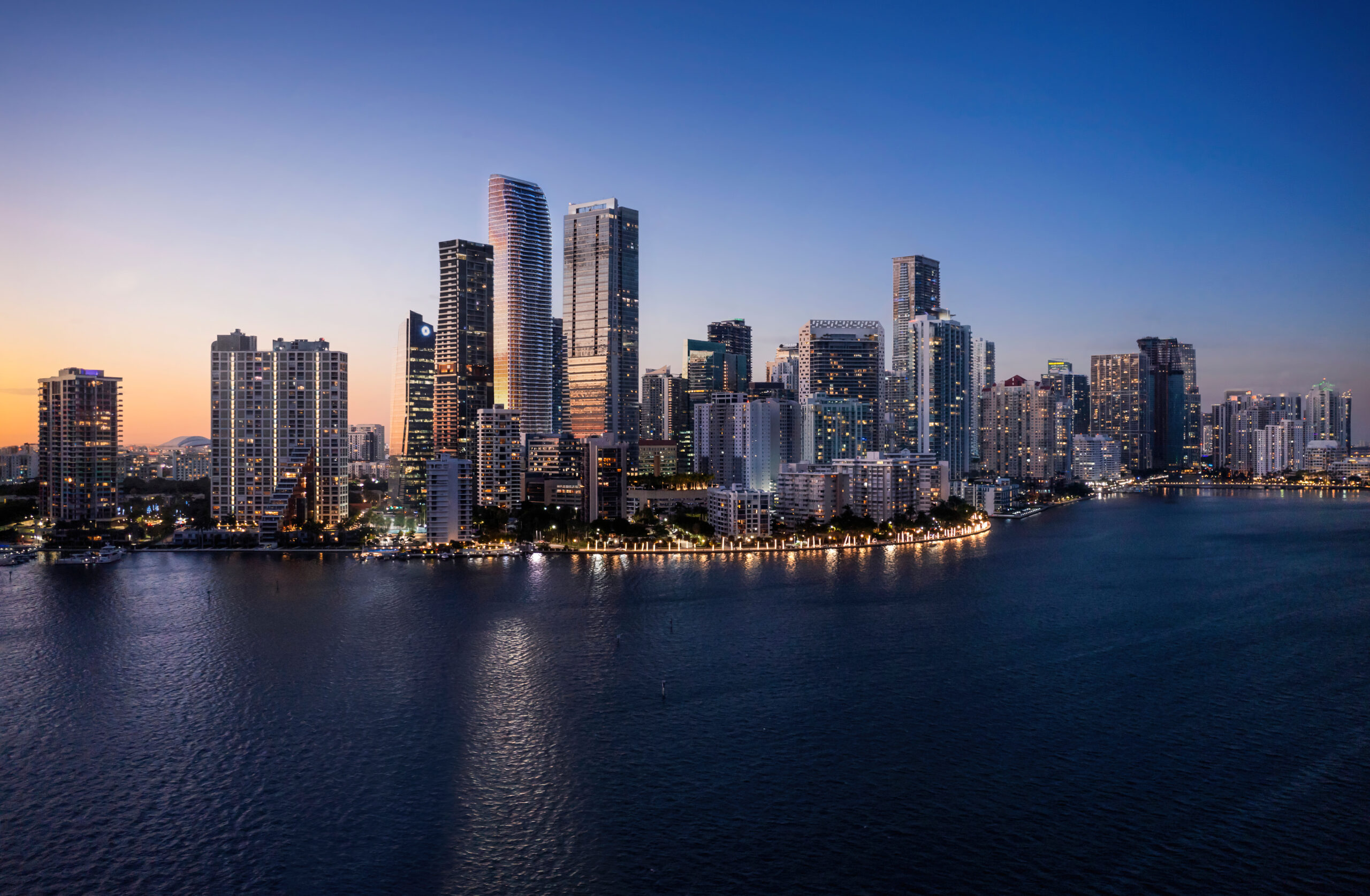 Brickell towers at dusk across Biscayne Bay